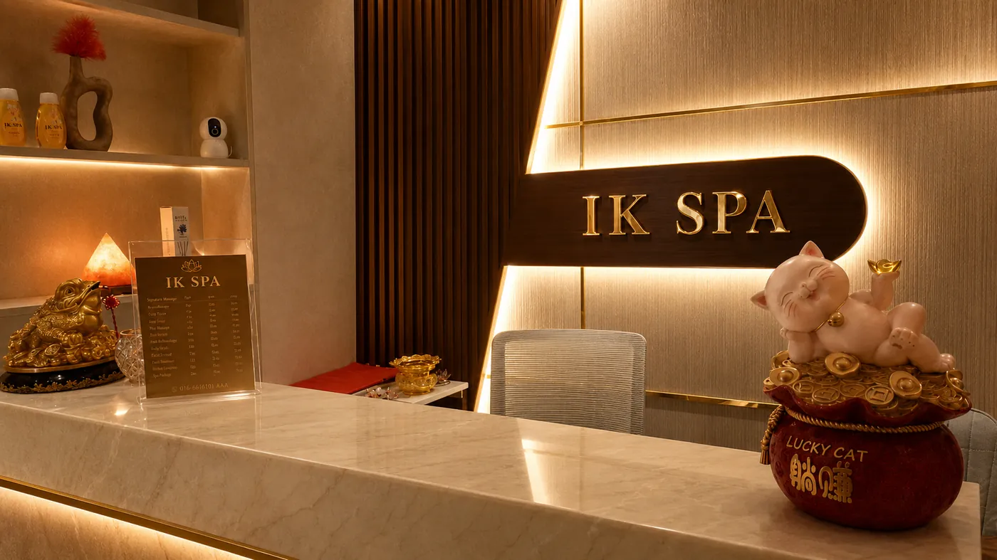 IK Spa interior — 24-hour massage spa reception at DAMAC Business Tower, Business Bay, Dubai